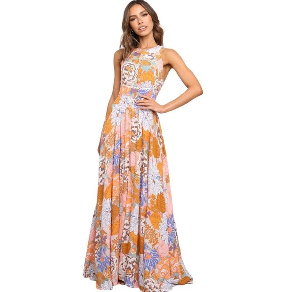 Orange Boho Floral Backless Lace up Sleeveless Maxi Dress w/Pockets! - Picture 7 of 15